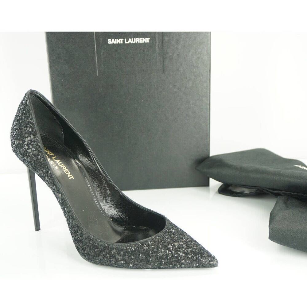 Saint Laurent Zoe 110MM Super Black Glitter Pointy Toe Pumps SZ 38.5 NIB $795